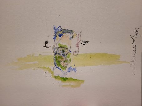 Abstrakte Aquarellmalerei mit Erdtönen und blauen Akzenten.